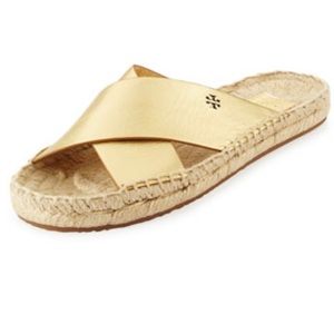 Tory Burch Bima Metallic Flat Espadrille Slide Sandal, Gold